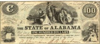 State Of Alabama $100 Dollars Obsolete Currency Banknote 1864 Vf/xf