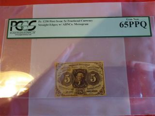 Fractional Currency,  5 Cents First Issue Fr.  1230.  Pcgs 65ppq Gem