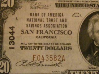 San Francisco,  California Ca 1929 $20.  00 Ch.  13044 Bank Of America