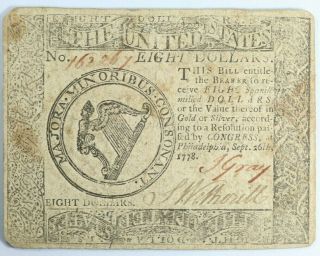1778 $8 Continental Currency September 26 Eight Dollars Colonial Note - Cc - 81