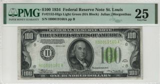 1934 $100 Federal Reserve Note St.  Louis Fr.  2151 - Hlgs Pmg Very Fine Vf 25 (160a)