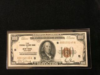 1929 $100 Federal Reserve Bank Of York National Currency Note B001159149a