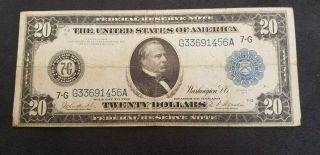 1914 United States $20 Federal Reserve Note Larger Size Blue Seal