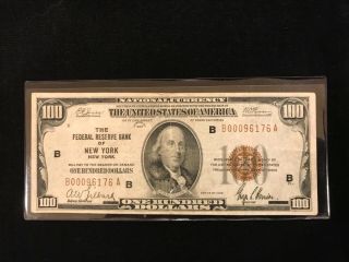 1929 $100 Federal Reserve Bank Of York National Currency Note B00096176a