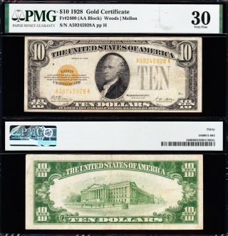 Awesome Crisp Choice Vf,  1928 $10 Gold Certificate Pmg 30 45928a