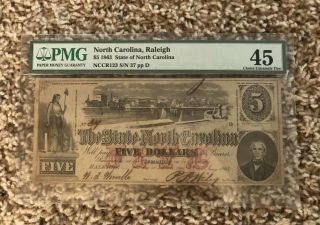 1863 $5 The State Of North Carolina,  Obsolete Currency Note Cr 123 Pmg 45 Low Sn