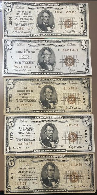 1929 Five Dollar $5 Bills,  5 Of A Kind Great Deal