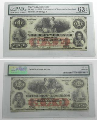 Re024 Maryland Salisbury $1 Note 1864 Somerset Worcester Bank Mds704 Pmg 63 Epq