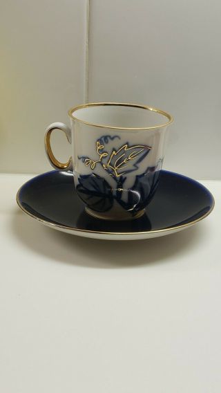 Ussr Lomonosov Cobalt Blue & Gold Design Cup And Saucer 1950 