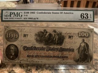 1862 - 63 T - 41 $100 Confederate States Of America Pmg Choice Unc 63 John