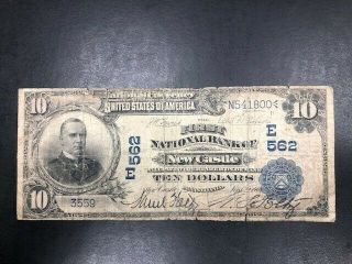1902 Large Date Back $10 National Bank Of Castle Pennsylvania Pa 562 Note