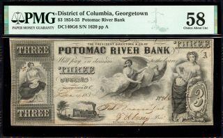 $3 Potomac River Bank Georgetown Dc - Pmg 58 Stains - 1854 Dc140g6