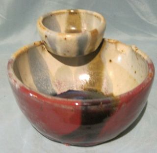 Studio Stoneware Pottery Chip And Dip Bowl Drip Glaze Signed By Artist