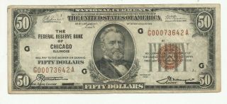 1929 $50 Dollar National Currency Chicago Fr - 1880g Lower Number