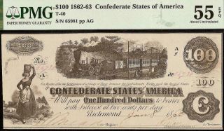 1862 $100 Dollar Bill Confederate States Currency Civil War Note T - 40 Pmg 55 Epq