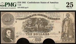 1861 $10 Dollar Confederate States Currency Civil War Note Paper Money T - 30 Pmg