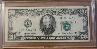 1995 $20 Fancy Serial Number Low 2 Digit 00000042 Old Us Paper Money Currency