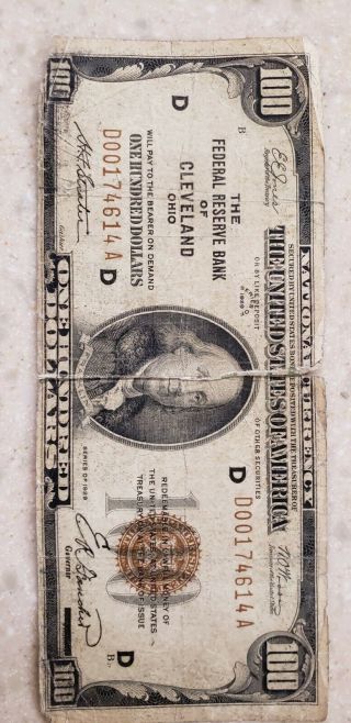 1929 $100 The Federal Reserve Bank Of Cleveland Ohio Oh - D00264909a