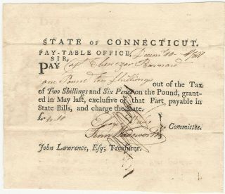 Colonial Note 1781 Connecticut Capt.  Ebenezer Barnard Pay Table Warrant