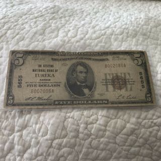 1929 $5 Dollar The Cirizen National Bank Of Eureka,  Kansas