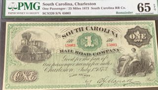 1873 $1 Obsolete Curency South Carolina Rail Road Pmg 65 Epq Gem