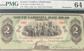 1873 $2 Obsolete Currency South Carolina Rail Road Choice Unc 64 Epq
