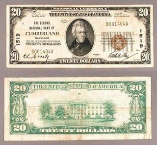 Cumberland Md $20 1929 T - 1 National Bank Note Ch 1519 Second Nb Very Fine