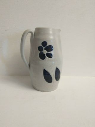 Williamsburg Pottery 7 - Inch Salt Glazed Stoneware Pitcher Cobalt Floral Design