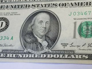 F - 2166 - J 1969 - C $100 Crisp One Hundred Dollar Bill Kansas City Federal Res 2