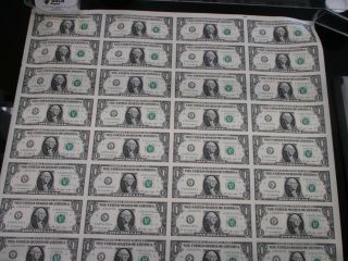 Uncut Sheet Of 32 $1 One Dollar Bills U.  S.  Paper Currency Notes 2009