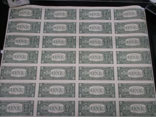 UNCUT SHEET OF 32 $1 ONE DOLLAR BILLS U.  S.  PAPER CURRENCY NOTES 2009 2