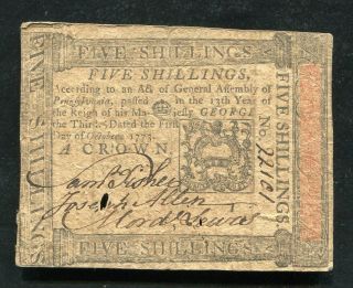 Pa - 166 October 1,  1773 5s Five Shillings Pennsylvania Colonial Currency Note (b)
