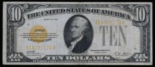 1928 $10 Gold Certificate Us Paper Money Note Very Fine