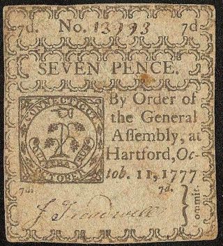 1777 Hartford Connecticut Colonial Currency Note Old Paper Money