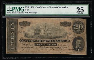 Affordable Csa T - 67 1864 Confederate $20 Note Pmg 25 Very Fine Pp - C