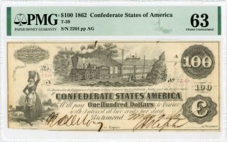 1862 T - 39 $100 The Confederate States Of America Note - Civil War Era Pmg Cu 63