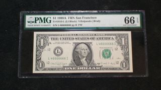1988 A One Dollar Pmg Gem Unc 66 Epq Great Serial Number San Fran Note $1 Bill