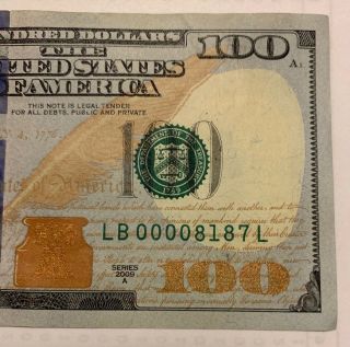2009 A $100 Dollar Bill Low Serial Number Lb 00008187 L