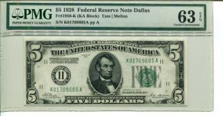 Fr 1950 - K 1928 $5 Federal Reserve Note Pmg 63 Epq Choice Uncirculated