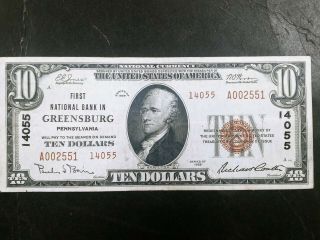 1929 $10 First National Bank Of Greensburg Pa Pennsylvania Type 2 Banknote
