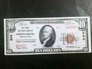1929 $10 First National Bank Of Shippensburg Pa Pennsylvania Type 2 Banknote