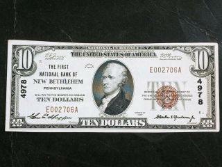1929 $10 First National Bank Of Bethlehem Pa Pennsylvania Type 1 Banknote