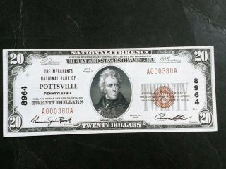 1929 $20 Merchants National Bank Of Pottsville Pa Pennsylvania Type 1 Banknote
