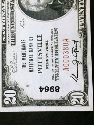 1929 $20 Merchants National Bank of Pottsville Pa Pennsylvania type 1 Banknote 2