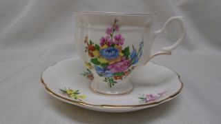 Vintage Crown Staffordshire Footed Tea Cup & Saucer Multi Garden Bouquet -
