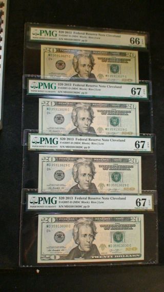 4 Consecutive 2013 Twenty Dollar Pmg Gem 66 & 67 Epq Notes Cleveland $20 Bills