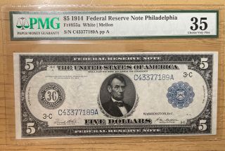 Fr.  855a 1914 $5 Frn Federal Reserve Note Philadelphia,  Pa Pmg Choice Vf 35