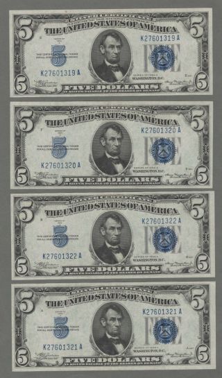 4 - 1934 A $5 Silver Certificate Fr 1651 (k A Block) About Uncirculated