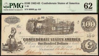 Unc 1862 $100 Confederate States Currency Civil War Note Paper Money T - 40 Pmg 62