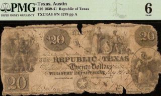 1839 $20 Republic Of Texas Rising Note Large Currency Old Paper Money Austin Pmg